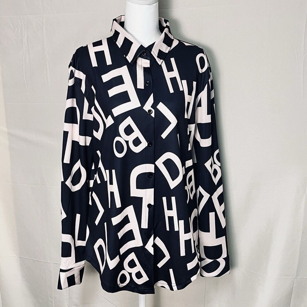 Striking XL Women's Black/Pink Graphic Letter Print Button Collar Tunic Top